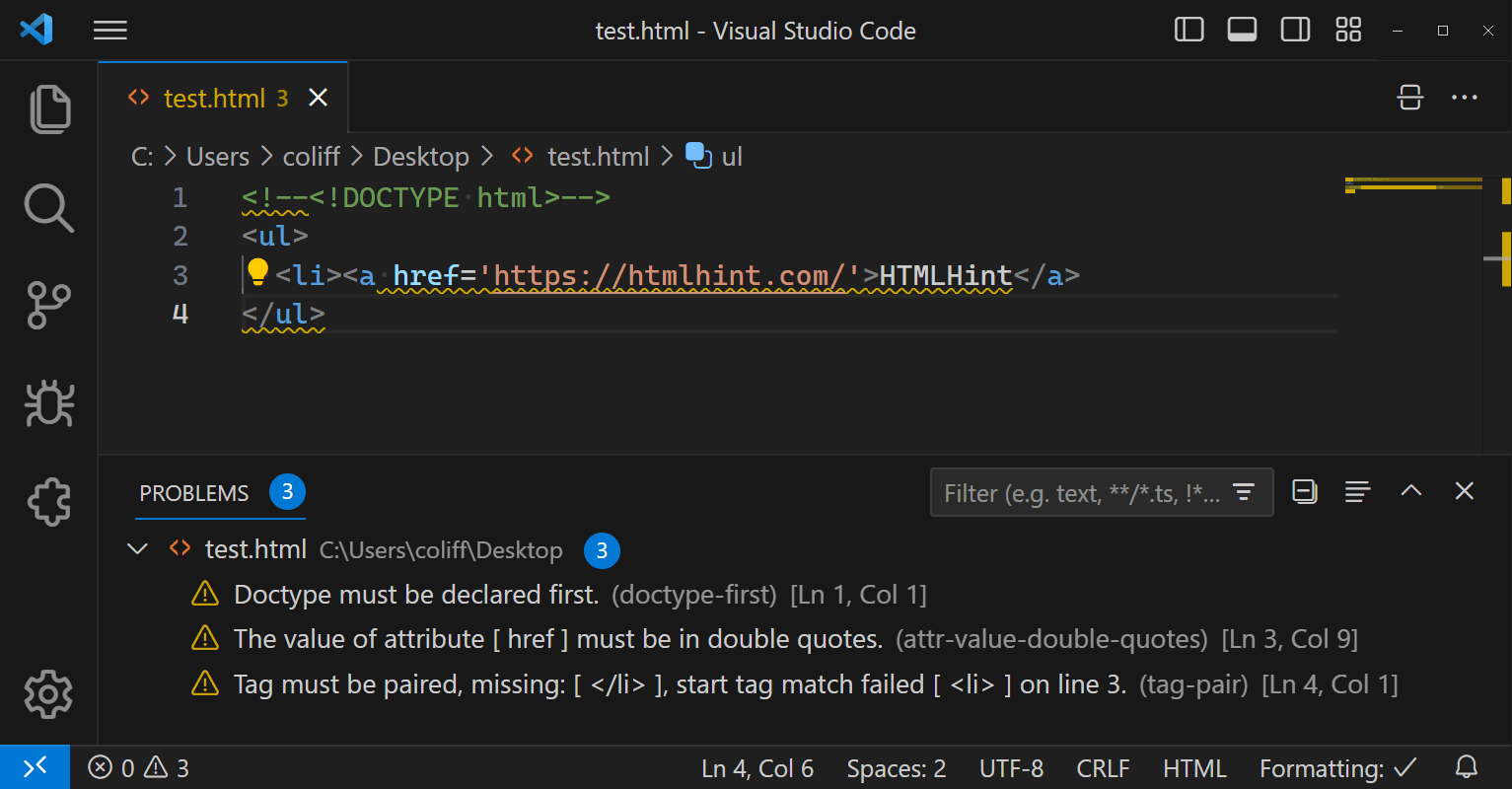 Screenshot of the HTMLHint Extension for Visual Studio Code